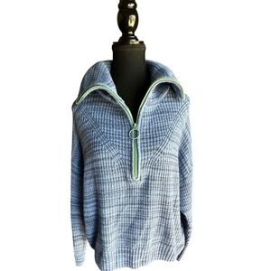 Aerie size M blue sweater‎ green half zip stripes slightly cropped